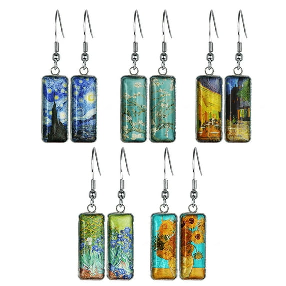 WIRESTER 5 Pairs/Set Van Gogh Stainless Steel + Glass Rectangle Drop Earring Fashion Jewelry Drop Dangle Hook Earrings for Women
