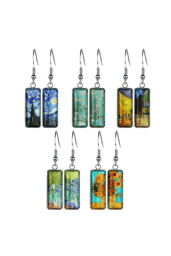 5 Pairs/Set Van Gogh Stainless Steel + Glass Rectangle Drop Earring Fashion Jewelry Drop Dangle Hook Earrings for Women