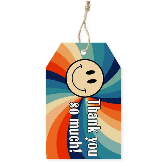 WIRESTER 50pcs Thank You Gift Tags with String – Retro Smiley Face Labels for Party & Gift Wrapping (3.3x2.2 in)