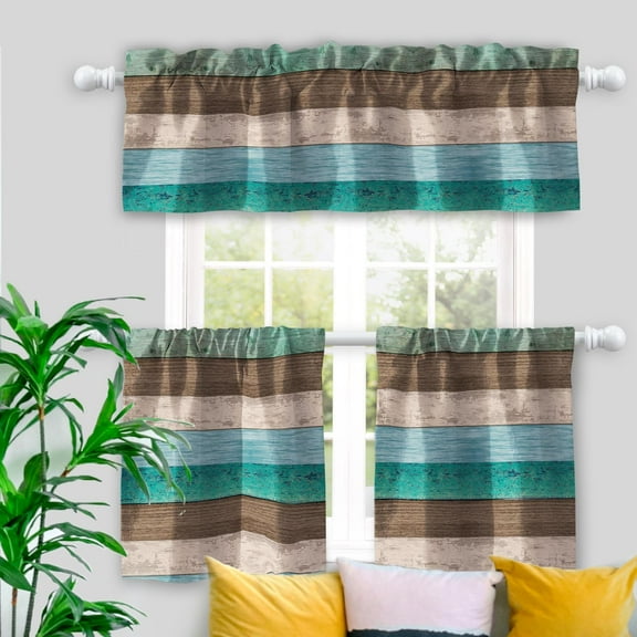 WIRESTER 54" x 24" Microfiber Semi-Sheer Rod Pocket Kitchen Curtain Valance and Tiers Set Welcome Home Vintage Teal Blue Brown Wood Look Background