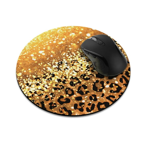 WIRESTER 7.88 in Round Mouse Pad with Non-Slip Rubber Base for Computers, Laptop, Office & Home - Gold Glitter Sparkle With Black Yellow Glitter Leopard