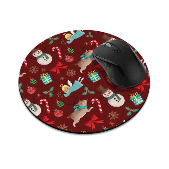 WIRESTER 7.88 in Round Mouse Pad with Non-Slip Rubber Base for Computers, Laptop, Office & Home - Christmas Pattern Reindeer Angel Snowman Red