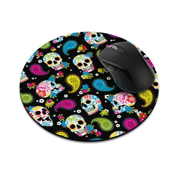 WIRESTER 7.88 in Round Mouse Pad with Non-Slip Rubber Base for Computers, Laptop, Office & Home - Colorful Sugar Skulls