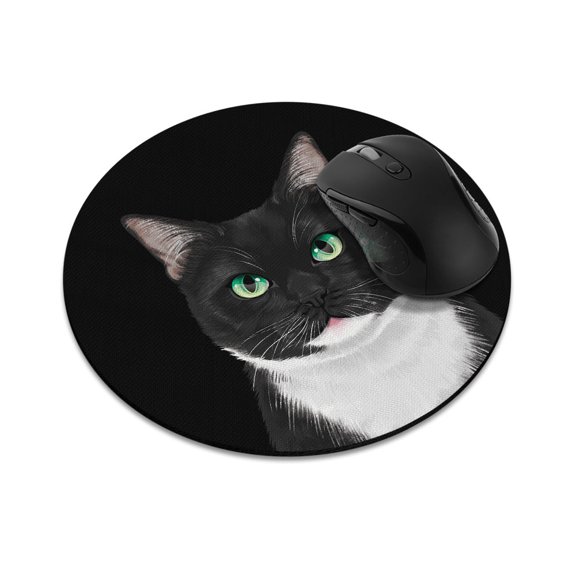 WIRESTER 7.88 in Round Mouse Pad with Non-Slip Rubber Base for Computers, Laptop, Office & Home - Tuxedo Cat White Chin