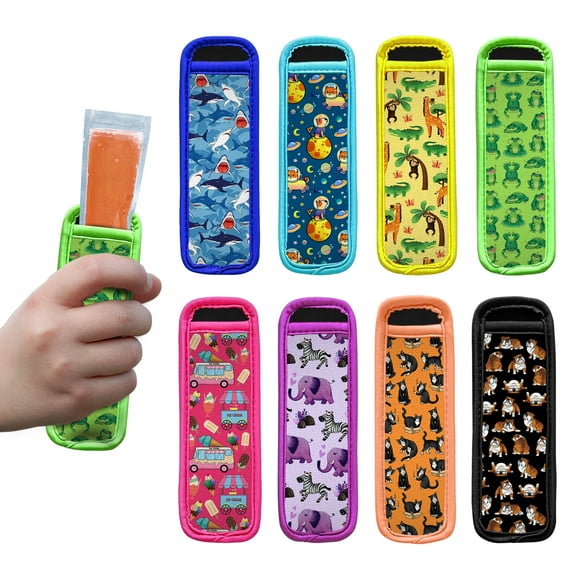 WIRESTER 8pcs Set Popsicle Holder Bags, Neoprene Popsicle Holder, Ice Pop Sleeves Freezer Reusable Popsicle Covers - Ice Cream, Shark, English Bulldog, Frog, Tuxedo Cat Playful, Jungle Animals