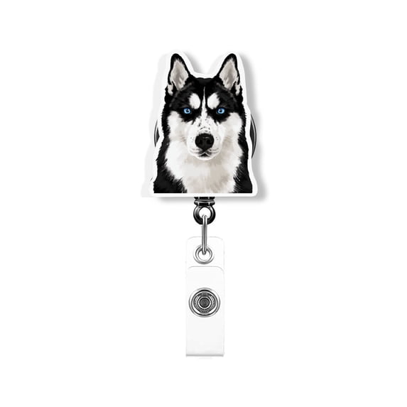 WIRESTER Acrylic Reel ID Holder Belt Clip Badge Retractable with Alligator Clip for Office Worker, Medical Staffs, Nurse, Doctor, Teacher, Student - Black Siberian Husky Dog