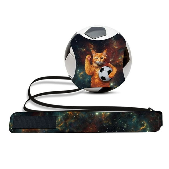 WIRESTER Adjustable Solo Soccer Kick Trainer Football Skills Training Waist Belt for Beginner Kids Teenagers Adult - Orange Tabby Cat With Soccer Ball On Galaxy Pattern