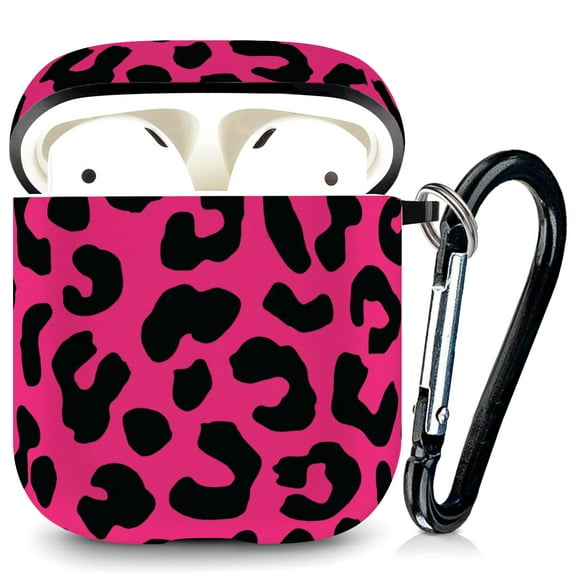WIRESTER AirPod Silicone Case Protective Cover for AirPod Charging Case with Carabiner Keychain Belt Clip - Black/Hot Pink Leopard