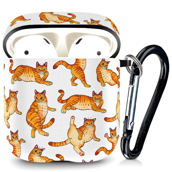 WIRESTER AirPod Silicone Case Protective Cover for AirPod Charging Case with Carabiner Keychain Belt Clip - Orange Tabby Cat Funny Playful Postures