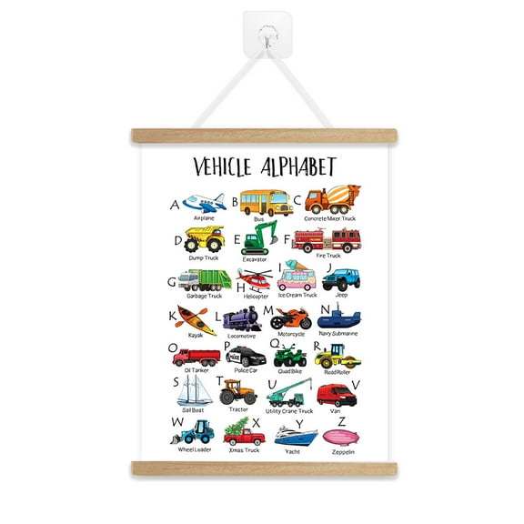 WIRESTER Alphabet Educational Poster Hanger Frame Alphabet Wall Art for Nursery Kids Room Playroom Classroom Preschool Décor - Vehicle Alphabet