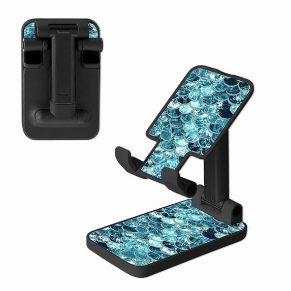 WIRESTER Black Foldable Phone Stand for Desk, Adjustable Portable Cell Phone Holder for iPhone 17, 16, 15, 14 and Android Smartphones - Mermaid Scales Blue Wave