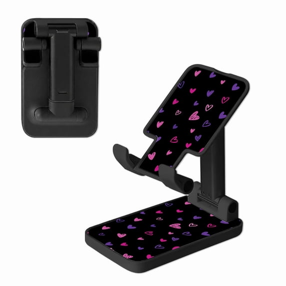 WIRESTER Black Foldable Phone Stand for Desk, Adjustable Portable Cell Phone Holder for iPhone 17, 16, 15, 14 and Android Smartphones - Purple Tone Hearts Pattern