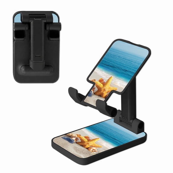 WIRESTER Black Foldable Phone Stand for Desk, Adjustable Portable Cell Phone Holder for iPhone 17, 16, 15, 14 and Android Smartphones - Seashells On The Beach