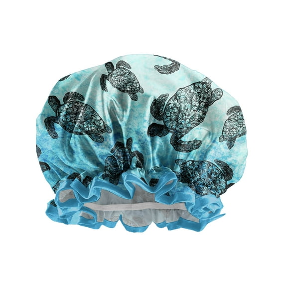 WIRESTER Blue Ocean Sea Turtles Reusable Elastic Band Shower Caps, Adjustable Elastic Band Bath Cap, Waterproof Double Layer Satin Shower Cap for Women Hair Dry