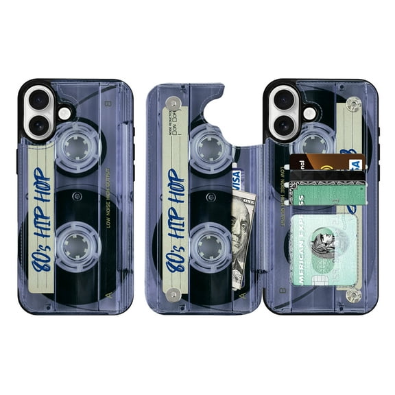 WIRESTER Case with Card Holder, RFID Blocking Wallet Case Durable PU Leather Kickstand Slim Heavy Duty Shockproof Protective Case for Apple iPhone 16 6.1" 2024, Retro Clear Cassette Tape Hip Hop