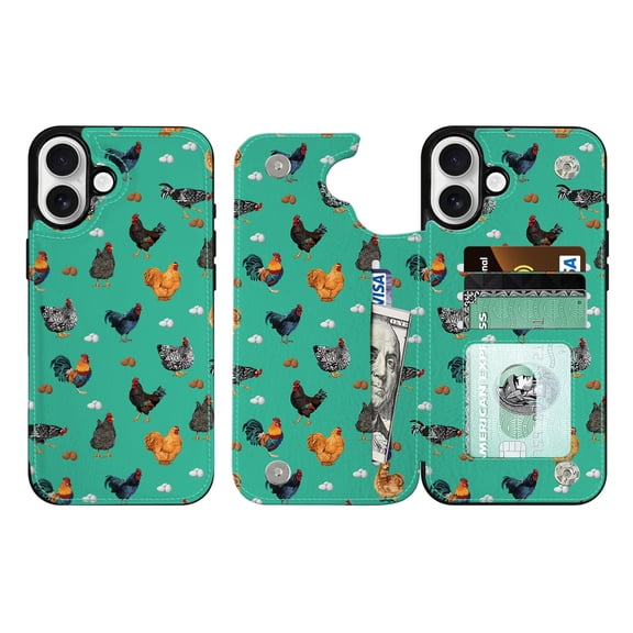 WIRESTER Case with Card Holder, RFID Blocking Wallet Case Durable PU Leather Kickstand Slim Heavy Duty Shockproof Protective Case for Apple iPhone 16 6.1" 2024, Chicken Pattern
