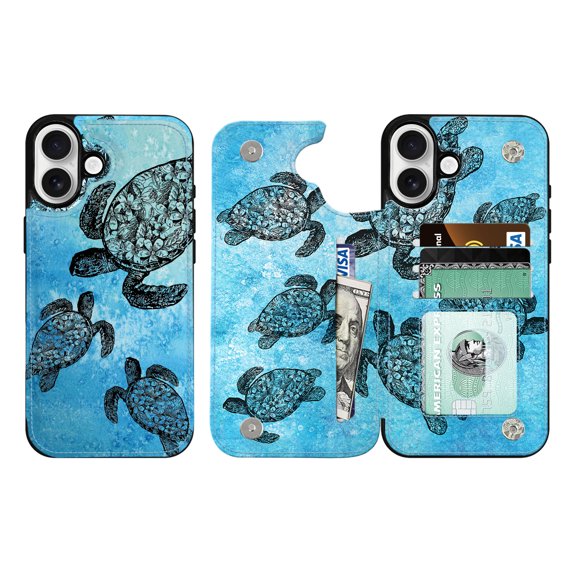 WIRESTER Case with Card Holder, RFID Blocking Wallet Case Durable PU Leather Kickstand Slim Heavy Duty Shockproof Protective Case for Apple iPhone 16 6.1" 2024, Ocean Sea Turtles