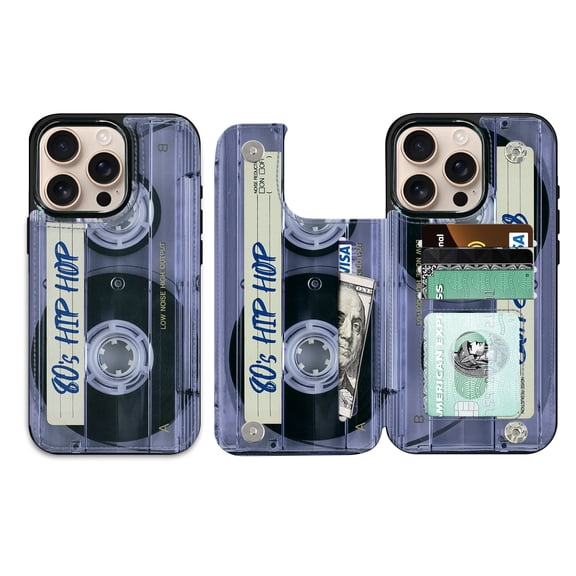 WIRESTER Case with Card Holder, RFID Blocking Wallet Case Durable PU Leather Kickstand Slim Heavy Duty Shockproof Protective Case for Apple iPhone 16 Pro 6.3" 2024, Retro Clear Cassette Tape Hip Hop