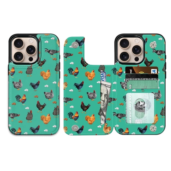 WIRESTER Case with Card Holder, RFID Blocking Wallet Case Durable PU Leather Kickstand Slim Heavy Duty Shockproof Protective Case for Apple iPhone 16 Pro 6.3" 2024, Chicken Pattern