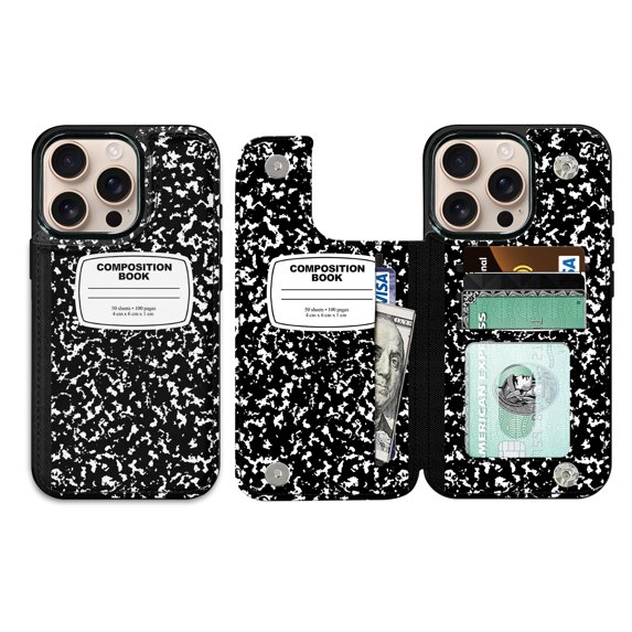 WIRESTER Case with Card Holder, RFID Blocking Wallet Case Durable PU Leather Kickstand Slim Heavy Duty Shockproof Protective Case for Apple iPhone 16 Pro 6.3" 2024, Black Composition Book