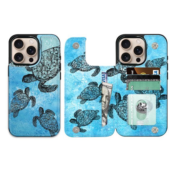 WIRESTER Case with Card Holder, RFID Blocking Wallet Case Durable PU Leather Kickstand Slim Heavy Duty Shockproof Protective Case for Apple iPhone 16 Pro 6.3" 2024, Ocean Sea Turtles