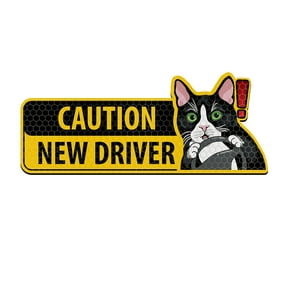 WIRESTER Caution New Driver Removable and Reusable Car Magnet Sticker Sign Reflective Vehicle Safety Sign for Student Drivers, 9.3 x 3.8" - New Driver Tuxedo Cat