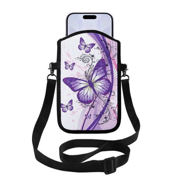 WIRESTER Cell Phone Pouch Sleeve Case for with Adjustable Crossbody Strap Neck Lanyard for Women Men Working Walking Travelling - 2 Tone Purple Butterfly