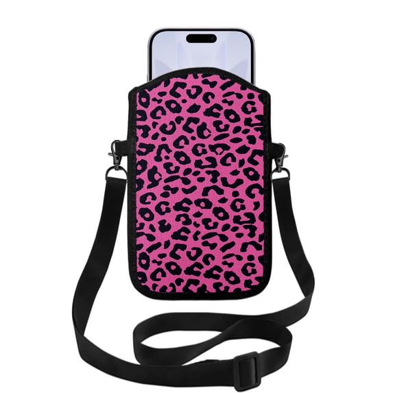 WIRESTER Cell Phone Pouch Sleeve Case for with Adjustable Crossbody Strap Neck Lanyard for Women Men Working Walking Travelling - Black/Hot Pink Leopard