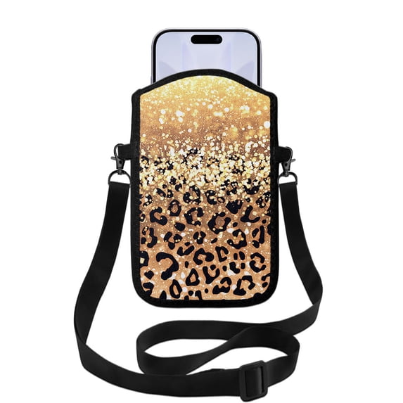 WIRESTER Cell Phone Pouch Sleeve Case for with Adjustable Crossbody Strap Neck Lanyard for Women Men Working Walking Travelling - Gold Glitter Sparkle With Black Yellow Glitter Leopard