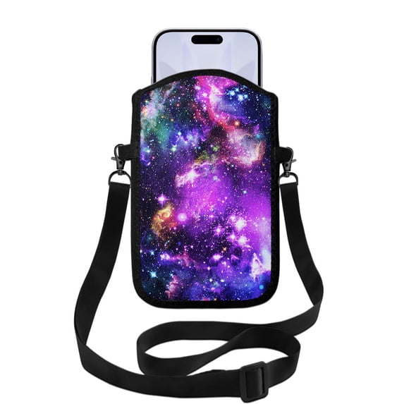 WIRESTER Cell Phone Pouch Sleeve Case for with Adjustable Crossbody Strap Neck Lanyard for Women Men Working Walking Travelling - Purple Nebula Galaxy