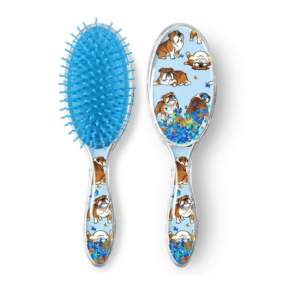 WIRESTER Confetti Glitter Detangling Oval Shaped Hair Brush With Long Soft Nylon Bristles for Curly, Frizzy, Thick Hair Baby Kid Girl - English Bulldog Funny Playful Postures
