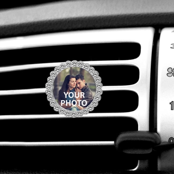 WIRESTER Customized Personalized From Your Picture Round Shiny Bling Diamond Crystal Rhinestones Car Air Freshener Fragrance Vent Clip Interior Decoration for Cars with Lemon Scented Pad