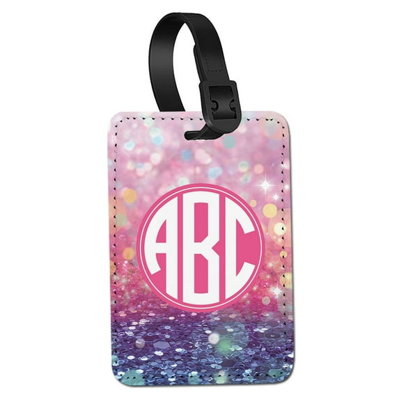WIRESTER Customized Personalized Text PU Leather Luggage Tags for Travel Suitcase Baggage - Gliter Pink Blue Background & Circle M Text Font