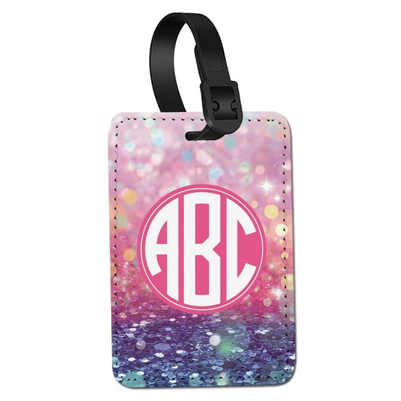 WIRESTER Customized Personalized Text PU Leather Luggage Tags for Travel Suitcase Baggage - Gliter Pink Blue Background & Circle M Text Font