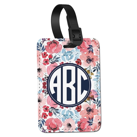 WIRESTER Customized Personalized Text PU Leather Luggage Tags for Travel Suitcase Baggage - Watercolor Flower Background & Circle M Text Font