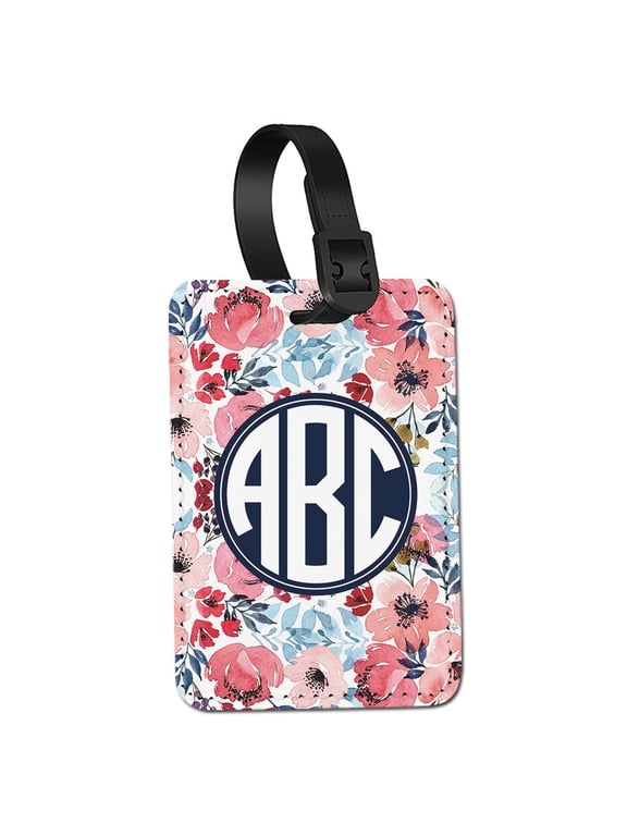 Customized Personalized Text PU Leather Luggage Tags for Travel Suitcase Baggage - Watercolor Flower Background & Circle M Text Font