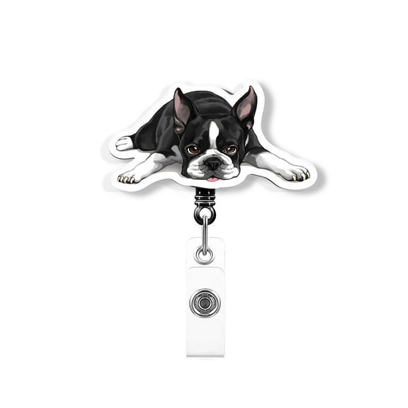 WIRESTER Design Acrylic Key Card Holder Belt Clip Reel Id Badge Retractable - Boston Terrier Dog Lying Down Looking Up