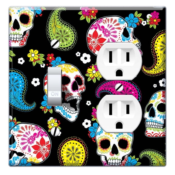 WIRESTER Double 1-Gang Toggle Light and 1-Gang Duplex Outlet Switch Plate/Wall Plate Cover, Colorful Sugar Skulls
