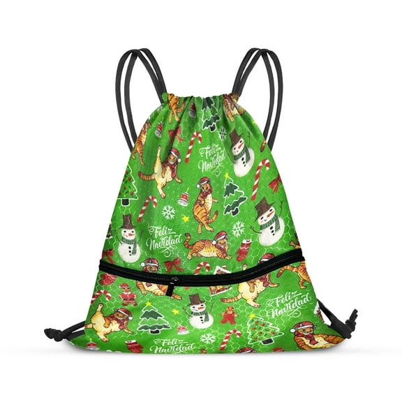 WIRESTER Drawstring Rucksack Backpack Shoulder Bag With Front Zippered Pocket for Shopping Sport Gym Yoga Travel Beach School, Feliz Navidad Orange Tabby Cat Funny Playful Postures