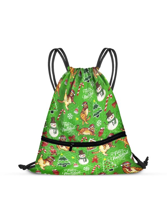 Drawstring Rucksack Backpack Shoulder Bag With Front Zippered Pocket for Shopping Sport Gym Yoga Travel Beach School, Feliz Navidad Orange Tabby Cat Funny Playful Postures