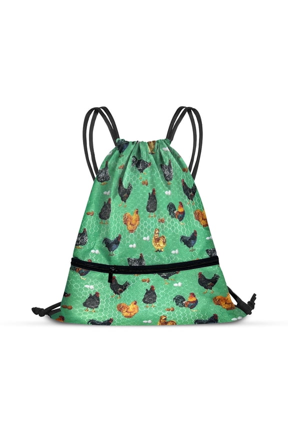 Drawstring Rucksack Backpack Shoulder Bag With Front Zippered Pocket for Shopping Sport Gym Yoga Travel Beach School, Chicken Pattern