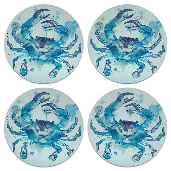 WIRESTER Drink Round Fabric Felt Neoprene Coasters Set of 4pcs, Blue Crab Watercolor