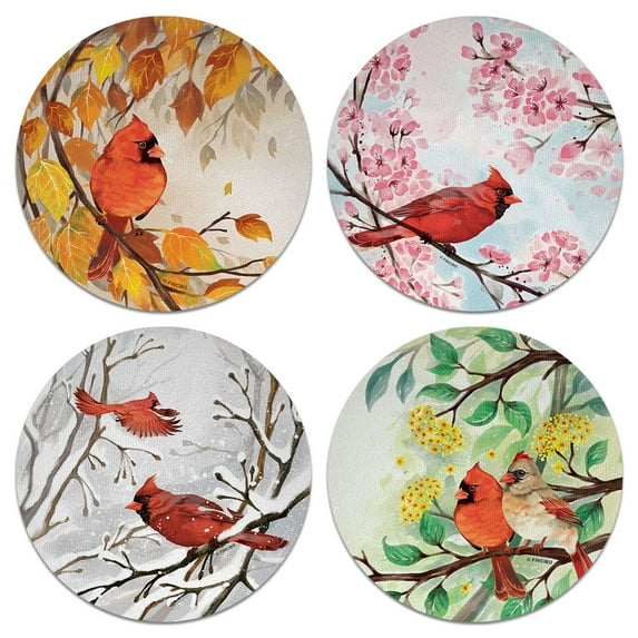 WIRESTER Drink Round Fabric Felt Neoprene Coasters Set of 4pcs, Red Cardinal Birds For Four Seasons