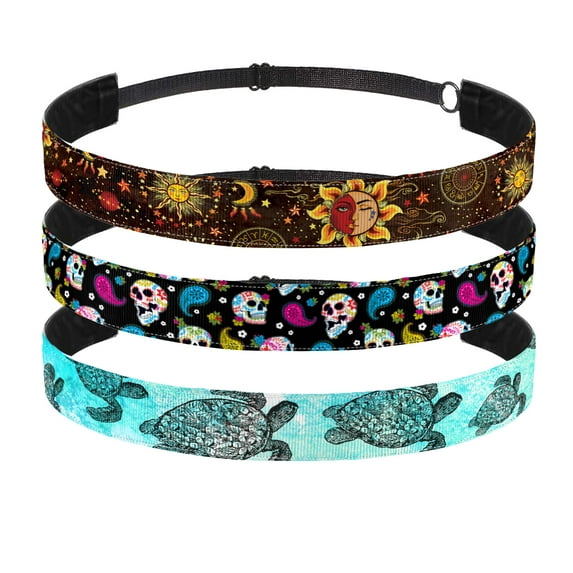 WIRESTER Elastic & Adjustable Fashion Headbands for Women 3-Pack Velvet Fabric Hair Band Beauty Accessory - Sea Turtle, Celestial Sun Moon And Stars, Colorful Sugar Skulls