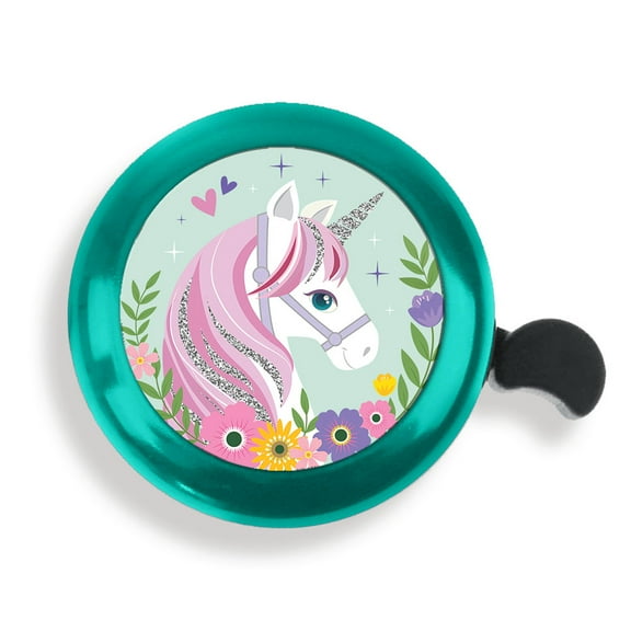 WIRESTER Green Bicycle Bell Aluminum Alloy Mini Bike Bell With Ring Horn Accessories for Adults Men Women Kids Girls and Boys -White Unicorn Head With Florals On Teal