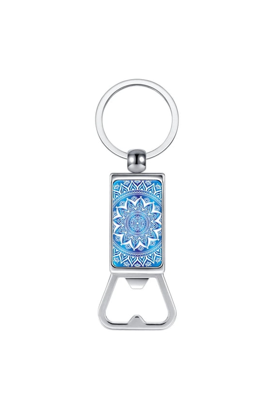 Household Kitchen Tools Keychains Metal Bottle Opener With Key Ring - Blue & White Mandala