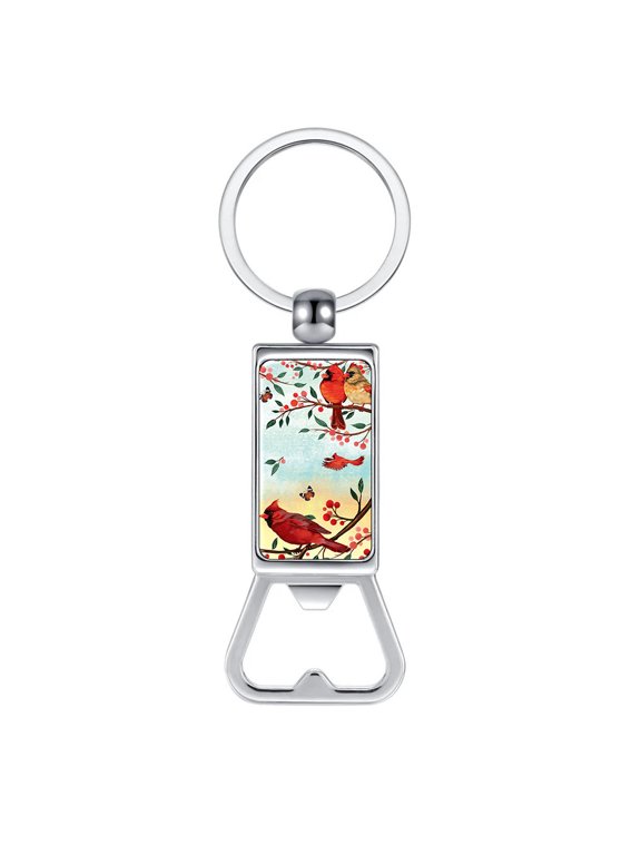 Household Kitchen Tools Keychains Metal Bottle Opener With Key Ring - Red Cardinal Birds