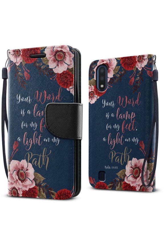 Kickstand Card Holder Magnetic + Flap Wallet Pouch Cover Case for Samsung Galaxy A01 5.7" 2019, Christian Bible Verses Psalm 119:105