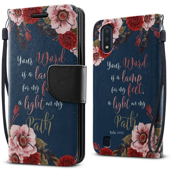 WIRESTER Kickstand Card Holder Magnetic + Flap Wallet Pouch Cover Case for Samsung Galaxy A01 5.7" 2019, Christian Bible Verses Psalm 119:105