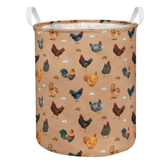 WIRESTER Laundry Hamper, Large Canvas Fabric Lightweight Collapsible Waterproof Storage Basket Dirty Clothes Toy Organizer for Children Bedroom, Bathroom - Barnyard Chicken Roosters on Brown